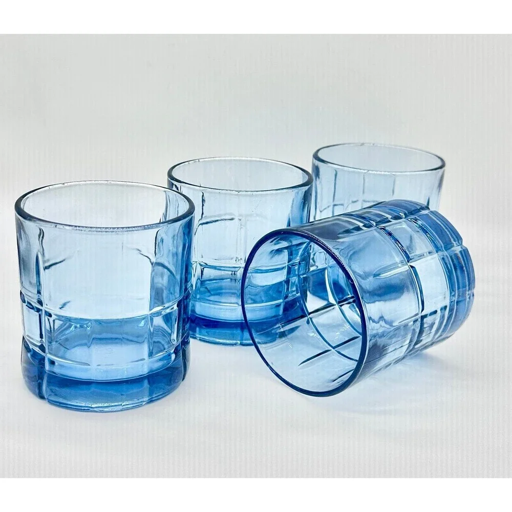 Set of 4 Anchor Hocking Blue Tartan old fashioned glasses